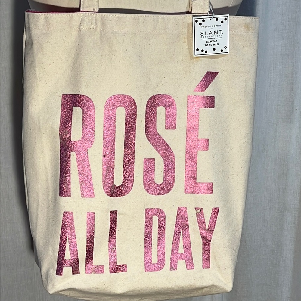 “rosé all day” canvas tote-fuchsia metallic on natural cotton canvas-NWT